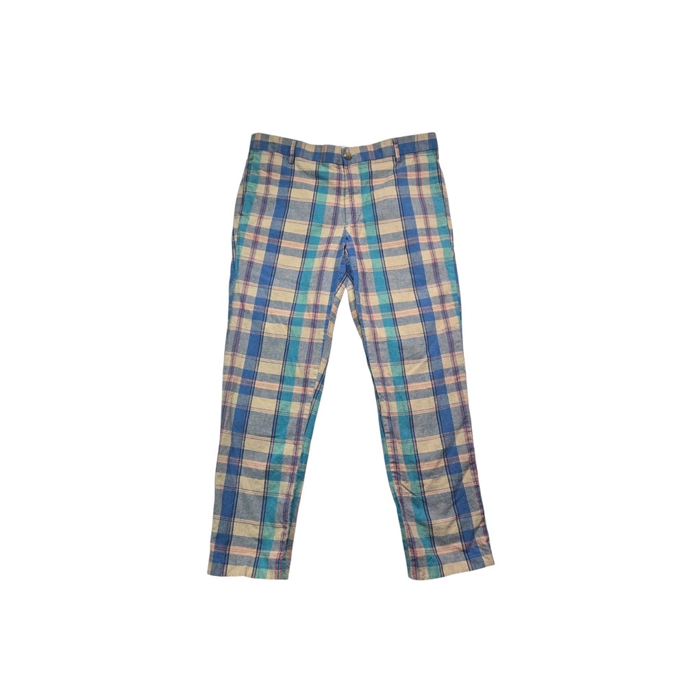Dockers Plaid Pants Mens 34 Blue Tan Linen Blend Madras Straight Leg Preppy